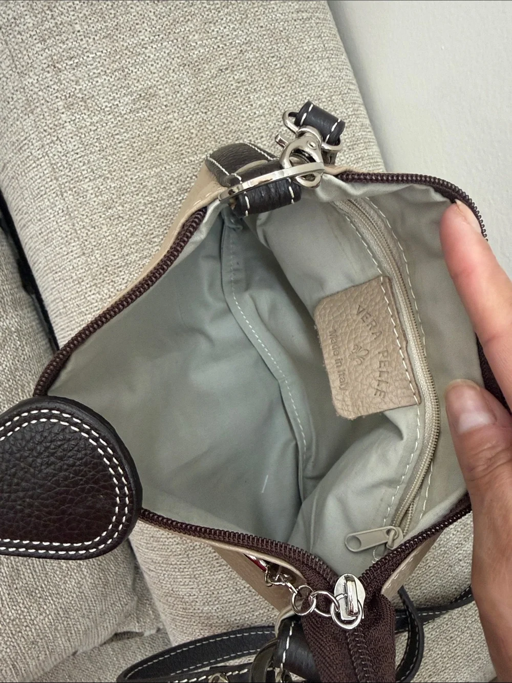 Vera Pelle Taupe and Black Leather Crossbody with Silver H Accent